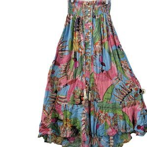 Rachel Roy Multicolor Floral Maxi Skirt Smocked Waist Hi Low Tropical Sz XS